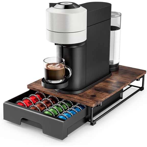 Wooden Coffee Pod Storage Drawer for Nespresso VertuoLine Capsules, Large Capacity Countertop Coffee Station Organizer, Rustic Brown