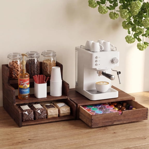 Wooden Coffee Station Organizer with K Cup Holder, 3-Tier Syrup Rack Pod Holder Drawer,30 Capacity, Bar for the Office and Home Kitchen,Rustic Brown