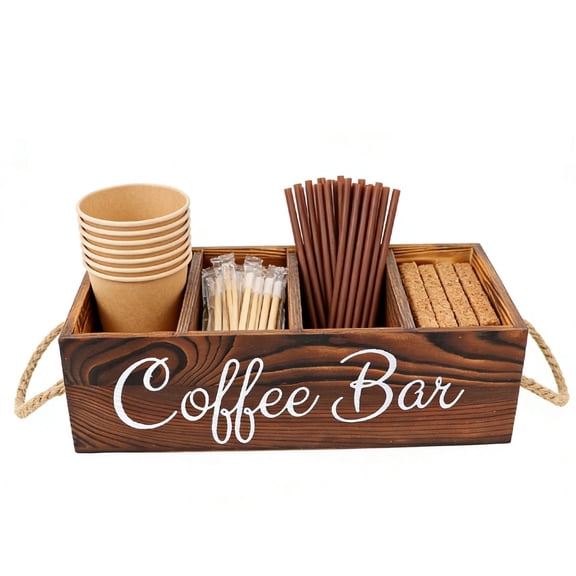 Wooden Coffee Station Organizer with Removable Dividers - Farmhouse Kcup Pod Holder with Handle for Countertop Storage