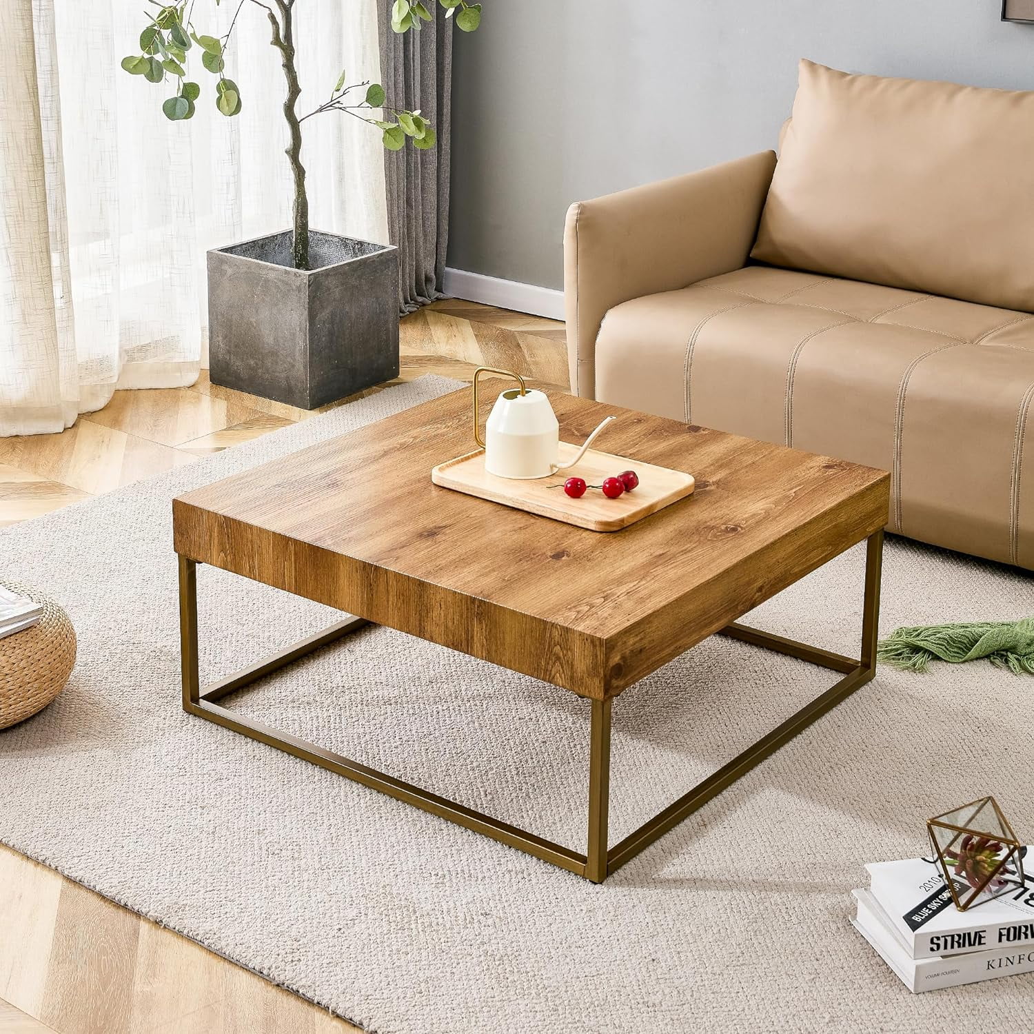 Wooden Coffee Table Modern Square Coffee Table Rustic Center Table with ...