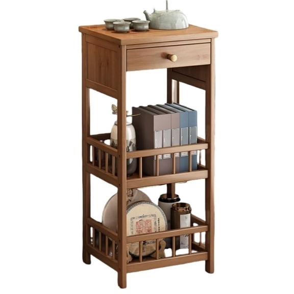 Wooden Coffee Table With Drawer - 3 Tier Narrow End Table, Small Corner Side Table For Living Room, Bedroom, Balcony & Small Space