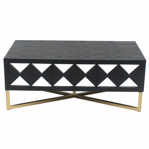 Wooden Coffee Table with 3 Drawers and X Shape Base, Black and Gold
