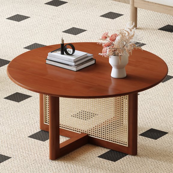 Wooden Coffee Table with Artificial Rattan | Used in Fashionable Living Rooms | Solid Wood Construction | Assembly Instructions Provided