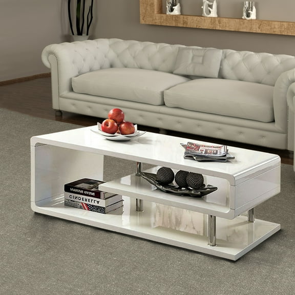 Wooden Coffee Table with Curling Shelf and Metal Poles White - Saltoro Sherpi