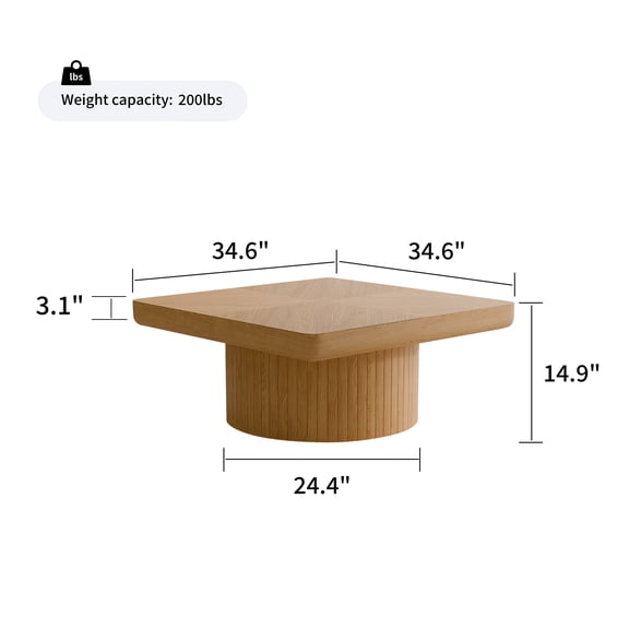Wooden Coffee Tables, 34.6'' Square Coffee Table for Living Room, Modern Wood Veneer Top with Parquet Pattern & Cylindrical Base, Thickened Tabletop, Easy Assembly, Natural Wood, Coffee Tables