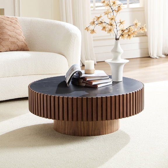 Wooden Coffee Tables, 35.43'' Nesting Round Sintered Stone Tabletop Modern Drum Coffee Table Luxury Circle Coffee Table for Apartment Walnut, Walnut Coffee Tables,Mdf Round Coffee Tables