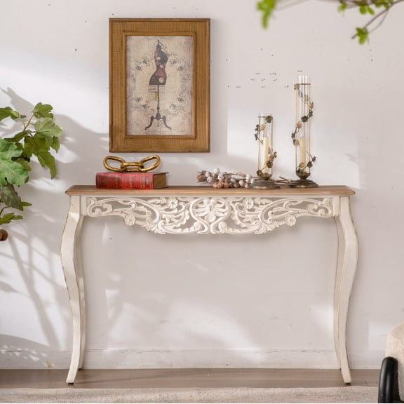 Wooden Coffee Tables, 43.31" French Country Carved Console Table - Antique White Distressed Solid Wood & MDF Entry Table with Curved Legs for Hallway/Living Room, Antique White Coffee Tables