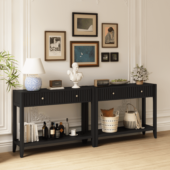 Wooden Coffee Tables, Console Table with Drawers, Narrow Wood Accent Sofa Table Entryway Table with Storage Shelf for Entryway, Front Hall, Hallway, Living Room, Black, Black Coffee Tables
