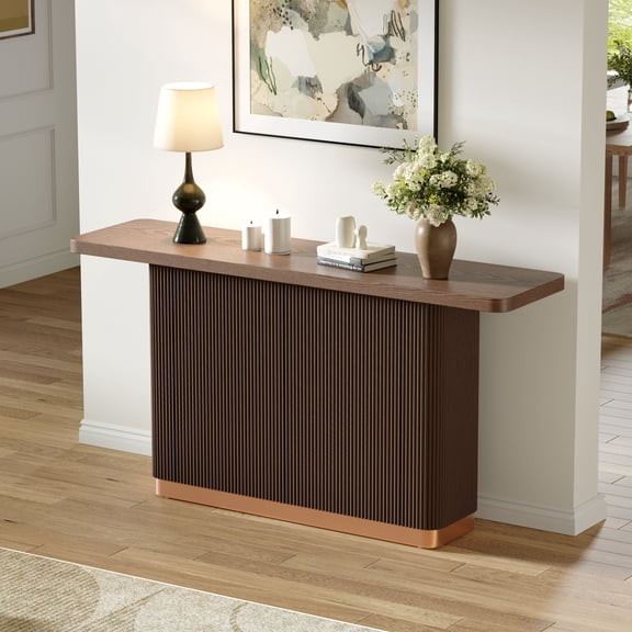 Wooden Coffee Tables, Console Table for Entryway, Ash Veneer Top, Fluted Base with Metal Accent, Modern Hallway Table, Brown Coffee Tables,Solid Wood+Mdf Round Coffee Tables