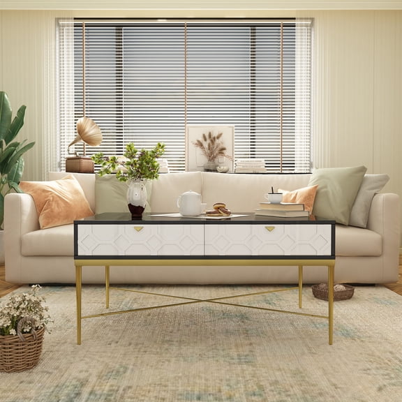 Wooden Coffee Tables, Modern Black and White Coffee Table with 2 Drawers, Living Room Storage Table, Black+White Scottie Dogs Coffee Tables,Mdf Round Coffee Tables