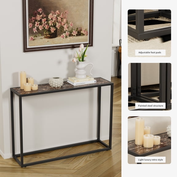 Wooden Coffee Tables, Narrow console table, high-end edge wrapped foyer table, entrance, industrial corridor table, living room, foyer, rural brown and black, Brown+Black Coffee Tables