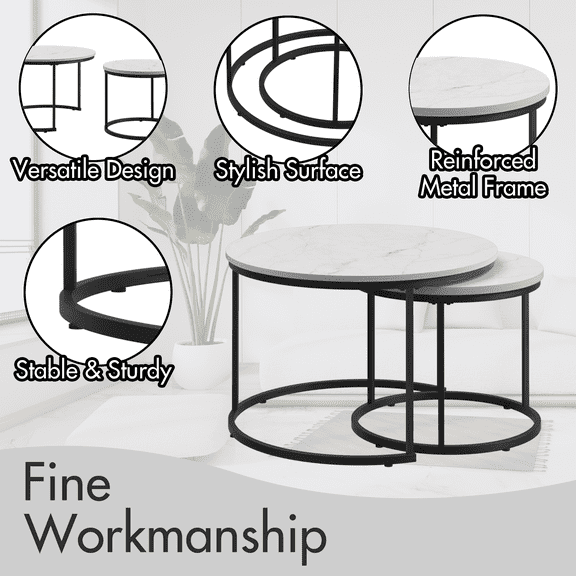 Wooden Coffee Tables, Nesting Coffee Table Set of 2, 27.6inch Round Coffee Table Wood Marble Pattern Top with Sturdy Metal Frame, End Table Side Tables for Living Room Bedroom Balcony Yard (White)