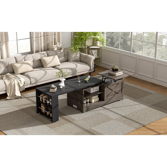Wooden Coffee Tables, U-Can Farmhouse Lift Top Coffee Table With Barn Doors, Wood Rectangle Center Table With Large Hidden Storage Space And Open Cabinet, For Living Room, Bedroom, Home Office