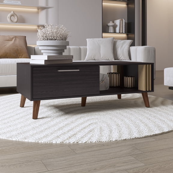 Wooden Coffee Tables, 47" Wide Coffee Table with One Open Shelf and One pull Down Cabinet Door, Living Room, Storage Black Wengue and Natural Oak, Black Coffee Tables, Round Coffee Tables