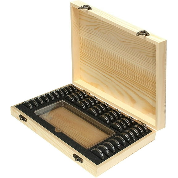 Wooden Coin Capsules Holder Case, Storage Box Banknotes Collection with Lock, Collector Organizer Display Commemorative Case -