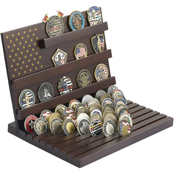 Wooden Coin Display Rack, Challenge Coin Rack with Flag Decoration, Vertical Horizontal Display for Collectibles, 80-100 Coin Capacity
