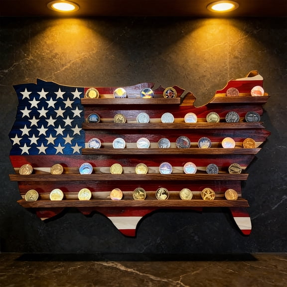 Wooden Coin Display Stand USA Map Shape with Vintage Flag Colors for Collectors Patriotic Veterans Gift Home Decor Wall Desk Display American Coin Holder Slots 15.75 x 11.81 x 1.18 Inches