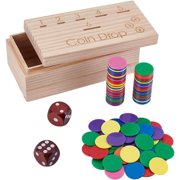 Wooden Coin Drop Game Set Including 2 Dice 100 Acrylic Tokens 6 Slot Pine Holder Skill-Based Penny Toss Game for Family Parties
