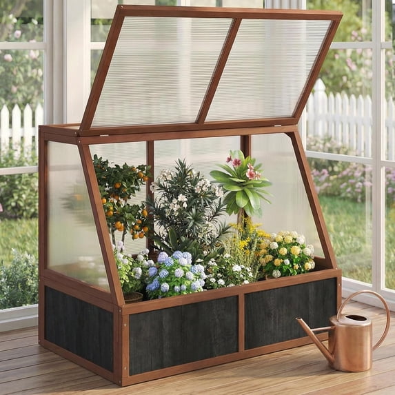 Wooden Cold Frame Greenhouse, Garden Solid Wood Greenhouse Cabinet with Transparent Flip, Raised Flower Plants Shelf Protection for Outdoor Indoor, One Divides Into Two