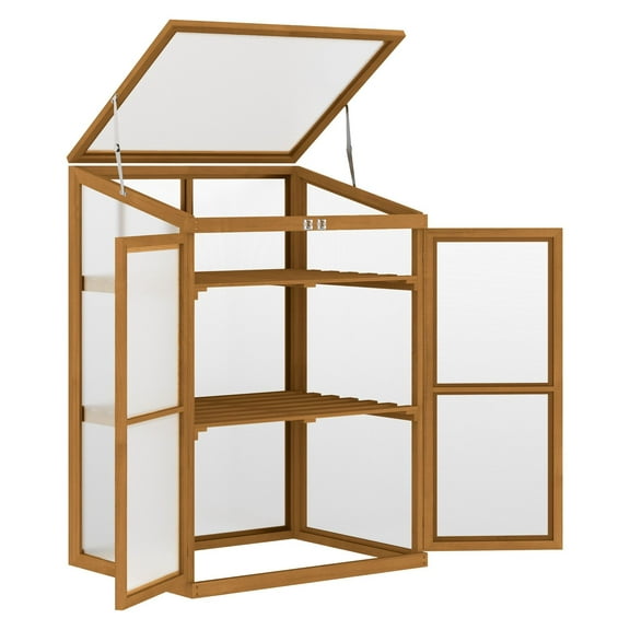 Wooden Cold Frame Greenhouse - Small Mini Planter Box, 30"x24"x44", Brown - Indoor/Outdoor Plant Protector with Shelves