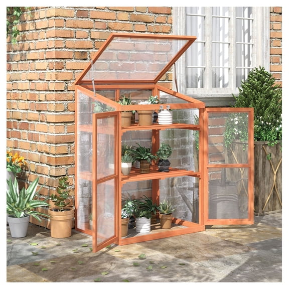 Wooden Cold Frame Greenhouse, Small Planter Box 30x24x44", Fir Wood & Polycarbonate, 2 Shelves, Natural Finish