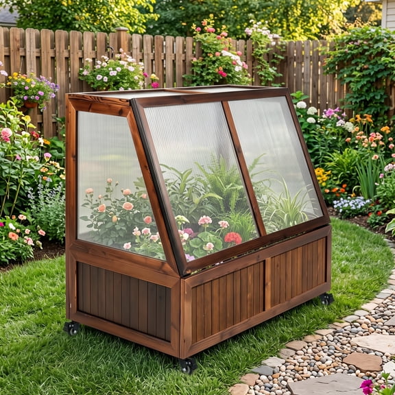 Wooden Cold Frame Greenhouse with Wheel, Chamber Fir Plant Cold Frame with Dual Independently Openable Flip‑Top Lids, Polycarbonate Panels Portable Plant Shelter for Balcony Patio Yard Indoor Outdoor