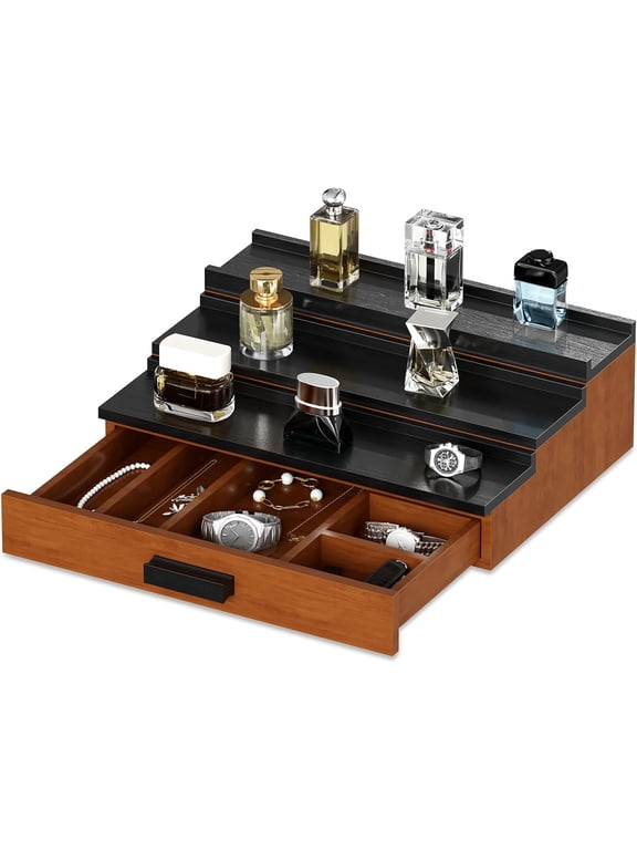 Wooden Cologne Organizer, 3 Tier of Elevated Cologne Display Shelf with Drawer Storage Perfume Organization and Storage Display Risers for Watch, Jewelry, Great Gift for Father