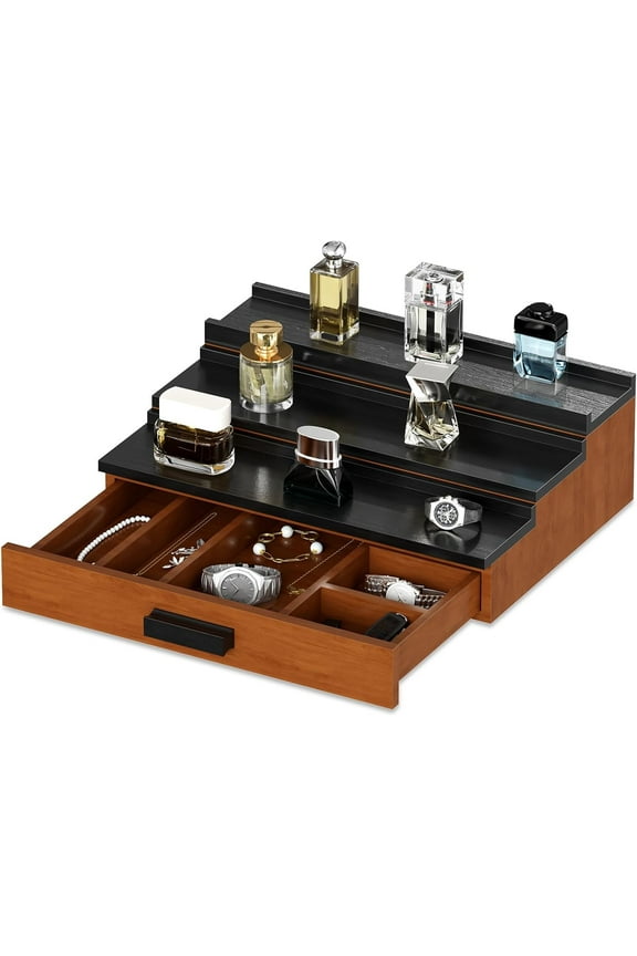 Wooden Cologne Organizer, 3 Tier of Elevated Cologne Display Shelf with Drawer Storage Perfume Organization and Storage Display Risers for Watch, Jewelry, Great Gift for Father