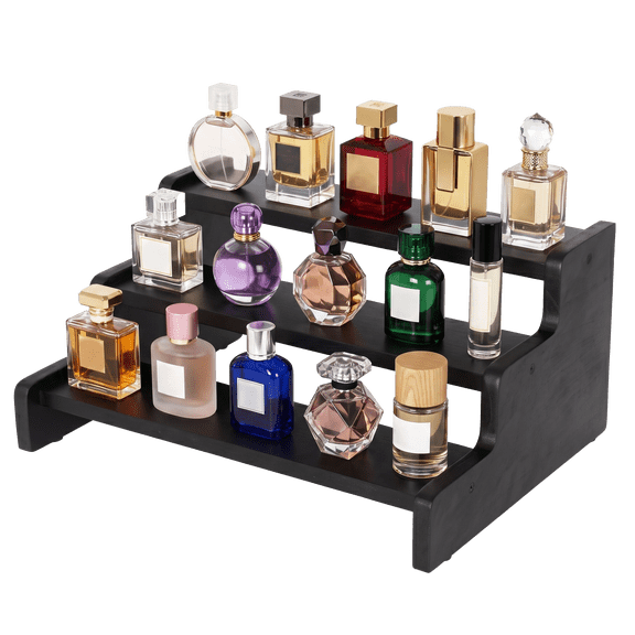 SOULART Wooden Cologne Organizer, 3-Tier Display Stand with Anti-Slip Feet for Perfume, Cosmetics, Figurines and Desserts, Black, 11.8 Inch