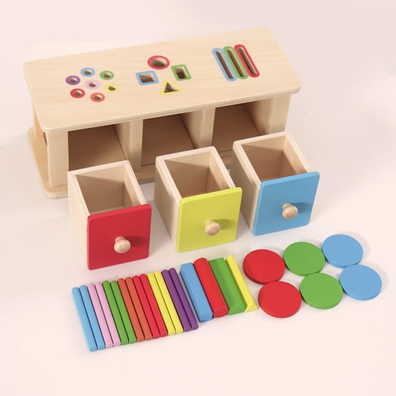 Wooden Color & Shape Sorting Drawer Box, 3-in-1 Peg & Coin Shape Matching Toy Set, Fine Motor Skills Training Gift for Boys & Girls Ages 2+
