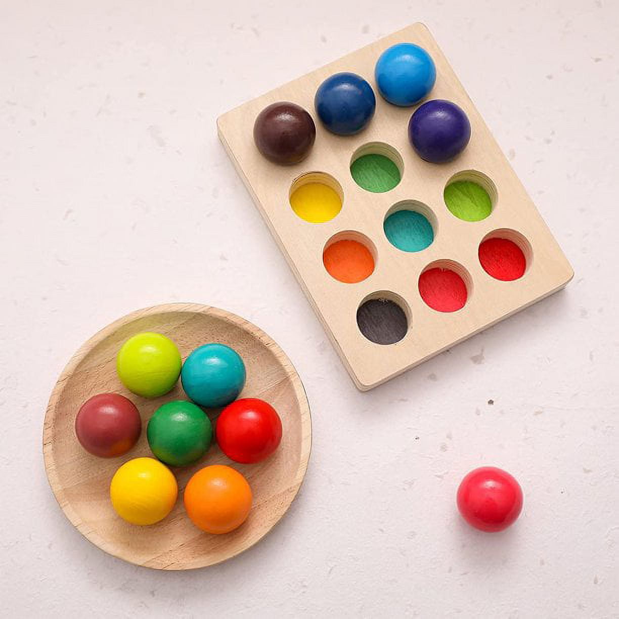Wooden Color Sorting Balls Game Peg Board Rainbow Color Matching Toys 12 Pcs Activities Balls