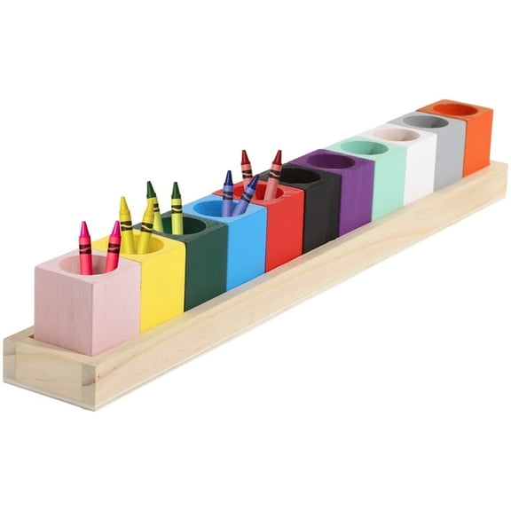 Wooden Crayon Organizer with 11 Colored Cups - Art Supply Caddy / Crayon Organizers for Markers, Pencils & Crayons, Classroom and Desk Storage Stand