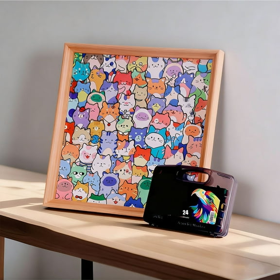 Wooden Coloring Puzzle, 2026 New Creative 3D Cat Coloring Block Puzzles, DIY Wooden Cat Puzzle Frame, HD Printed Pattern, Smooth and Seamless Joints, Natural Wood Grain