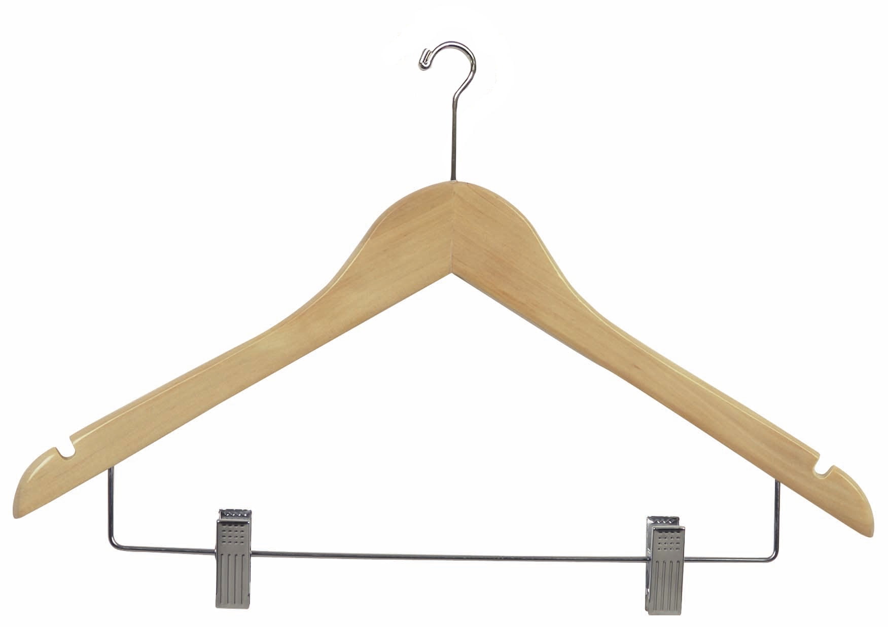 Wooden Combo Hanger with Anti-Theft Mini Hook , Natural Finish with Chrome Hardware, Box of 100