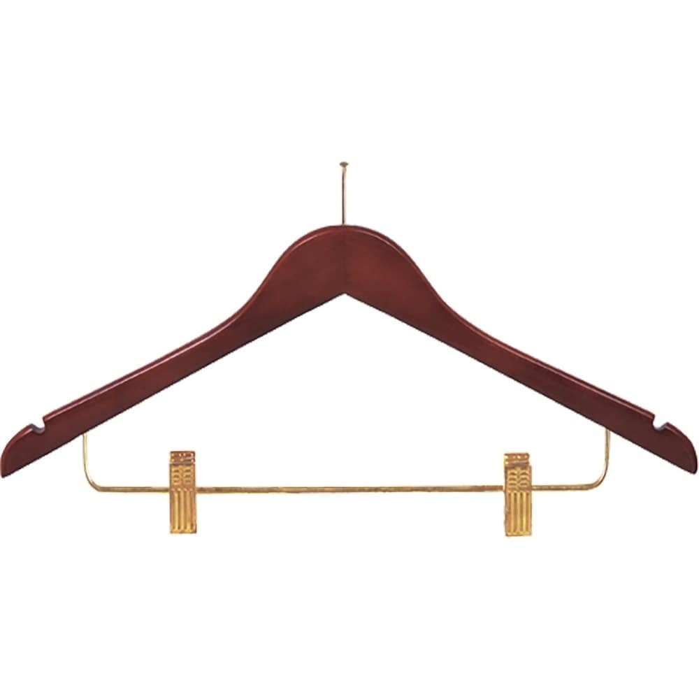 Wooden Combo Hanger with Anti-Theft P-Nail Hook, Walnut Finish with Brass Hardware, Box of 50