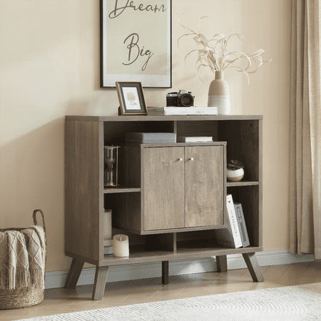 Wooden Compact Storage Cabinet with 2 Doors & 4 Open Shelves - Versatile Sideboard for Small Spaces, Entryway, Living Room