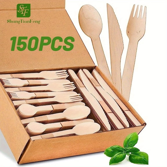 150 Pc Compostable utensils, Wooden Disposable Cutlery Set,50 Forks, 50 Spoons, 50 Knives.Eco-Friendly Biodegradable Cutlery 