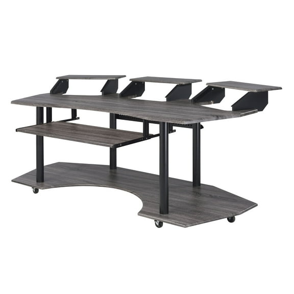 Wooden Computer Desk with Keyboard Tray and Open Bottom Shelf, Gray