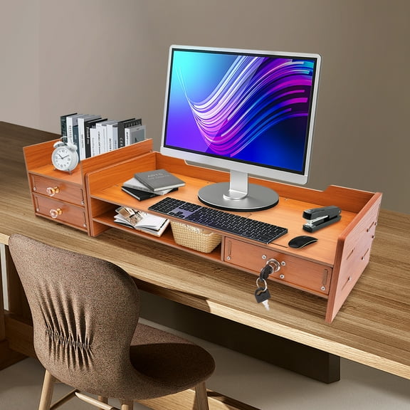 Wooden Computer Monitor Stand with Lockable Drawer, 3 Drawers & Phone Holder, Space-Saving MDF Desk Organizer, Ergonomic Elevated Screen Riser