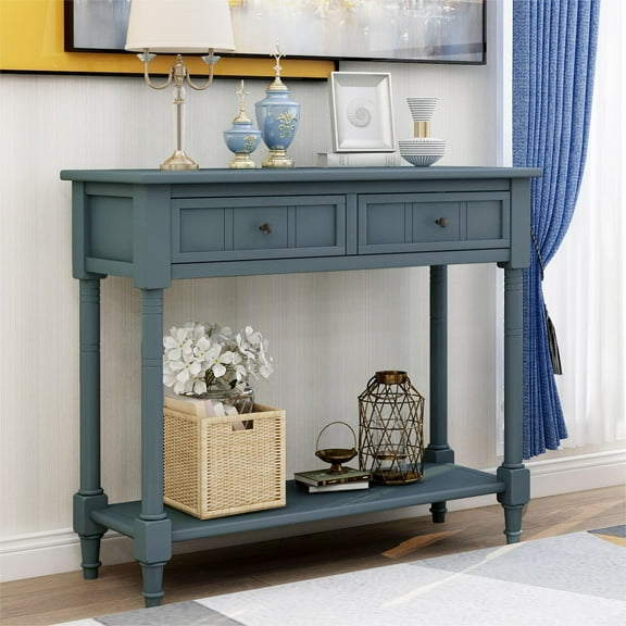 Wooden Console Table with 2 Drawers and Storage Shelf, Sofa Table Entryway Table Side Desk TV Stand for Living Room Hallway,Navy