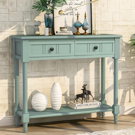 Wooden Console Table with 2 Drawers and Storage Shelf, Sofa Table Entryway Table Side Desk TV Stand for Living Room Hallway,Retro Blue