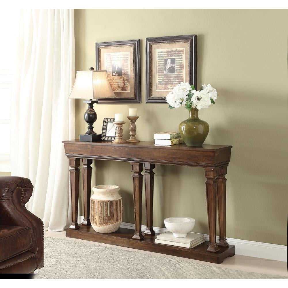 Oak Brown 60" Wooden Console Table with Bottom Shelf