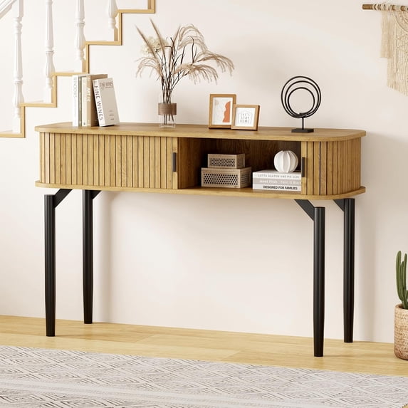 Wooden Console Table with Sliding Door Storage - Fluted Style Entryway/Sofa Table for Living Room, Hallway, Couch Side
