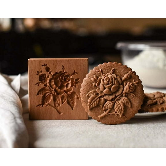 Wooden Cookie Biscuit Mold,3D Baking Cookie Mold,Embossing Craft Decorating Baking Tool,Suitable for Halloween Thanksgiving Christmas Kitchen DIY (Rose)