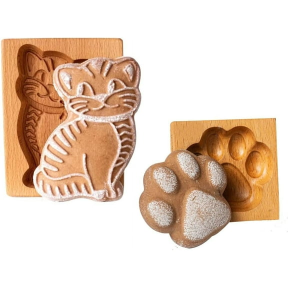 Wooden Cookie Mold Wooden Baking Mold- Cat & Cat Claw Shape Cake Fondant Press Stamp Embosser Cutter Cake Decor Christmas Carved Mooncake Mold Kitchen gadgets (Cat & Cat Claw)