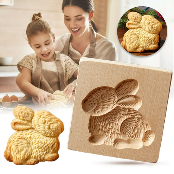 Wooden Cookie Molds,Animal Press Type Cookie Cutter With 3D Bird Flower Pumpkin Heart Design,Wood Biscuit Molds Stamps for Baking Halloween Thanksgiving Christmas Kitchen DIY (Crouching rabbit)