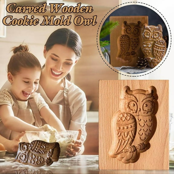 Wooden Cookie Molds, Wooden Cookie Biscuit Mold Baking Cookie Mold Wooden Carved Mold Cookie Cutter Embossing Mold, DIY Shapes Cookie Stamp(Owl)