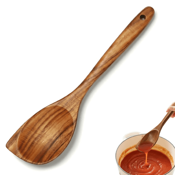 Wooden Cooking Spoon, Natural Teak Wood Mixing Spoon, Heat Resistant Non Scratch Kitchen Spoon for Nonstick Cookware, Long Handle Serving Spoon for Cooking Stirring Mixing