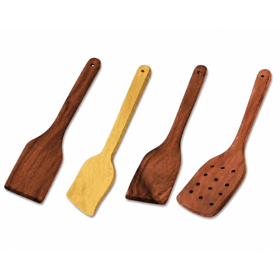 Wooden Cooking Utensil Set for Kitchen, 4-Piece Natural Wood Spatula & Spoon Set for Nonstick Cookware, Heat Resistant Cooking Tools for Frying, Stirring, 12.5 Inch Kitchen Utensils