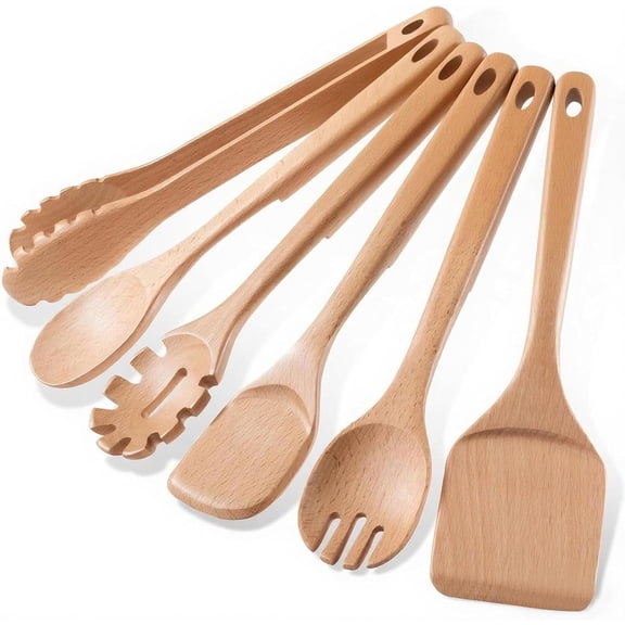 Wooden Cooking Utensils, 6 count  Beech Wooden Spoons For Cooking with  Notch & Heat Resistant Design, Non-Stick  Kitchen Utensil Set with  Hole for Kitchen Essentials